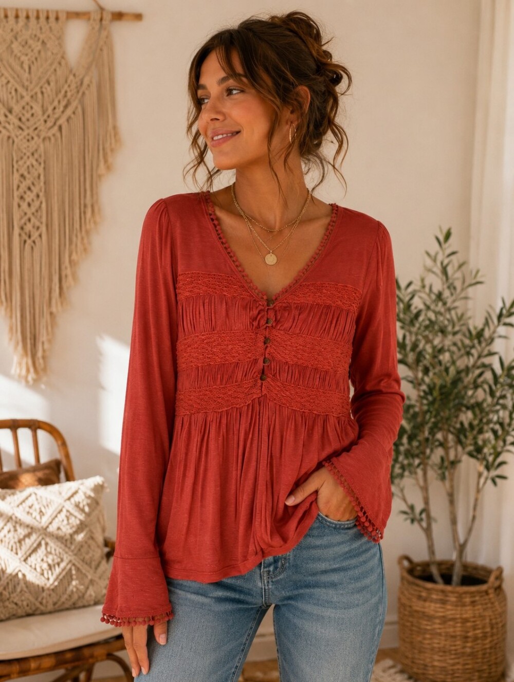 15/Fifteen Womens Red Empire Babydoll Button Front Top Size Medium Rust Red NWT